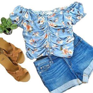 Wild Jasmine Women's Blouse Size 3X Off The Shoulder Cropped Blue Floral Cottage